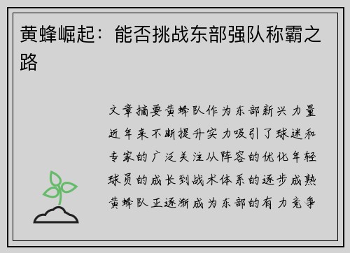 黄蜂崛起：能否挑战东部强队称霸之路